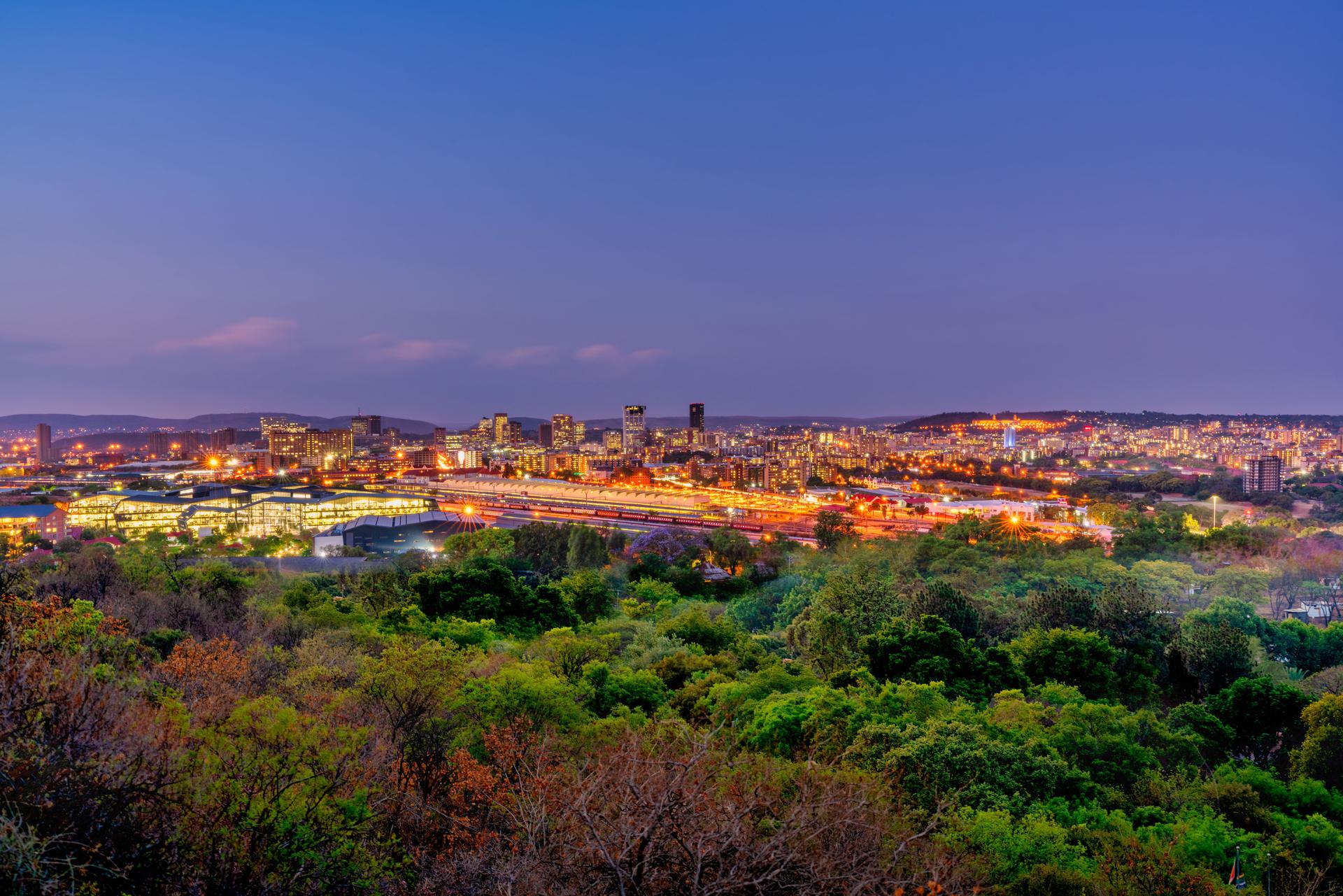 Pretoria city skyline twilight and illuminated buildings